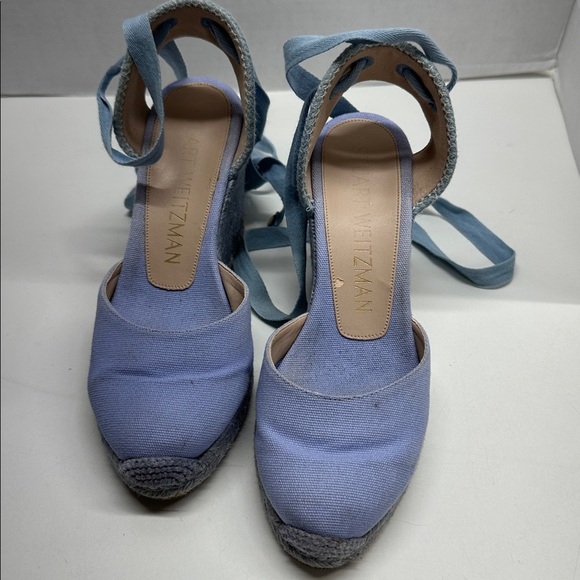 Stuart Weitzman Espadrille Wedges Heels Lace Up Ankle Strap Canvas Blue Size 6.5 - Picture 4 of 14